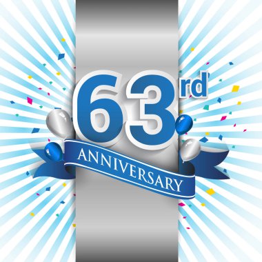 63 yıl yıldönümü kutlama mavi şerit logolu. Doğum günü partisi için vektör tasarım şablonu 