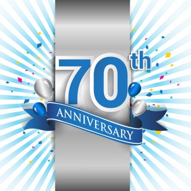 şerit ile 70 yıl yıldönümü kutlama mavi logo. Doğum günü partisi için vektör tasarım şablonu 