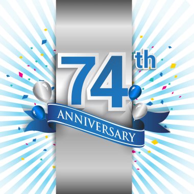 74 yıl yıldönümü kutlama mavi şerit logolu. Doğum günü partisi için vektör tasarım şablonu 