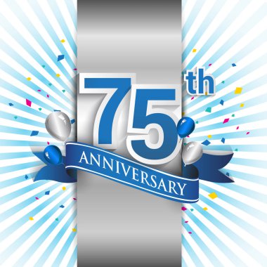 75 yıl yıldönümü kutlama mavi şerit logolu. Doğum günü partisi için vektör tasarım şablonu 