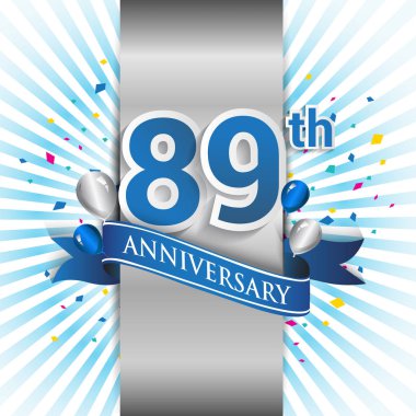 89 yıl yıldönümü kutlama mavi şerit logolu. Doğum günü partisi için vektör tasarım şablonu 