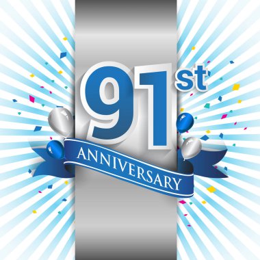 91 yıl yıldönümü kutlama mavi şerit logolu. Doğum günü partisi için vektör tasarım şablonu 