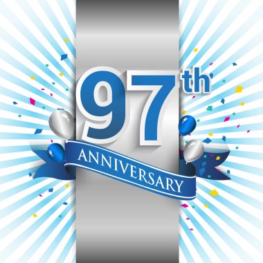 97 yıl yıldönümü kutlama mavi şerit logolu. Doğum günü partisi için vektör tasarım şablonu 