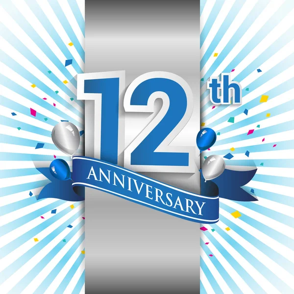 12年纪念庆祝蓝色标志与丝带 生日派对矢量设计模板 — 图库矢量图片