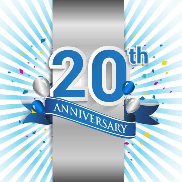 20年纪念庆祝蓝色标志与丝带 生日派对矢量设计模板 — 图库矢量图片
