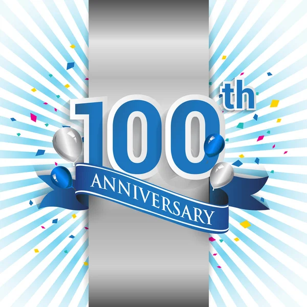 100 Years Anniversary Celebration Blue Logo Ribbon Vector Design Template — Stock Vector