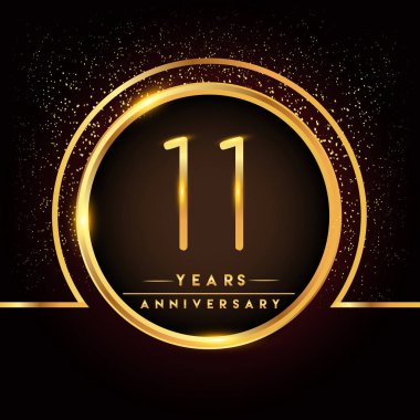 11 yıl yıldönümü kutlama logo. Altın logosuna siyah arka plan, vektör tasarımı tebrik veya davetiye kartı.