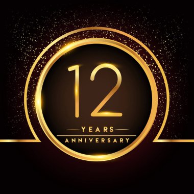 12 yıl yıldönümü kutlama logo. Altın logosuna siyah arka plan, vektör tasarımı tebrik veya davetiye kartı.