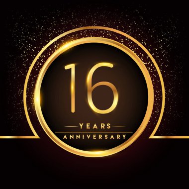 16 yıl yıldönümü kutlama logo. Altın logosuna siyah arka plan, vektör tasarımı tebrik veya davetiye kartı.