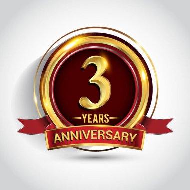 3 yıl yıldönümü kutlama logo. Altın yüzük ve şerit üzerinde koyu kırmızı arka plan, vektör tasarımı tebrik veya davetiye kartı ile logo.