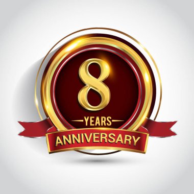 8 yıl yıldönümü kutlama logo. Altın yüzük ve şerit üzerinde koyu kırmızı arka plan, vektör tasarımı tebrik veya davetiye kartı ile logo.