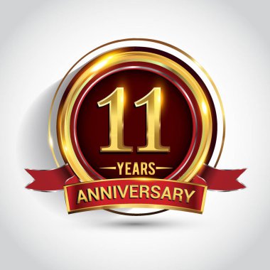 11 yıl yıldönümü kutlama logo. Altın yüzük ve şerit üzerinde koyu kırmızı arka plan, vektör tasarımı tebrik veya davetiye kartı ile logo.