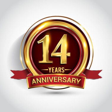 14 yıl yıldönümü kutlama logo. Altın yüzük ve şerit üzerinde koyu kırmızı arka plan, vektör tasarımı tebrik veya davetiye kartı ile logo.