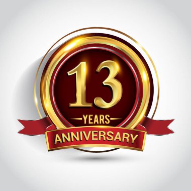 13 yıl yıldönümü kutlama logo. Altın yüzük ve şerit üzerinde koyu kırmızı arka plan, vektör tasarımı tebrik veya davetiye kartı ile logo.
