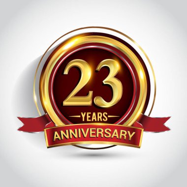 23 yıl yıldönümü kutlama logo. Altın yüzük ve şerit üzerinde koyu kırmızı arka plan, vektör tasarımı tebrik veya davetiye kartı ile logo.