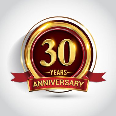 30 yıl yıldönümü kutlama logo. Altın yüzük ve şerit üzerinde koyu kırmızı arka plan, vektör tasarımı tebrik veya davetiye kartı ile logo.