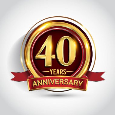 40 yıl yıldönümü kutlama logo. Altın yüzük ve şerit üzerinde koyu kırmızı arka plan, vektör tasarımı tebrik veya davetiye kartı ile logo.