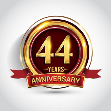 44 yıl yıldönümü kutlama logo. Altın yüzük ve şerit üzerinde koyu kırmızı arka plan, vektör tasarımı tebrik veya davetiye kartı ile logo.
