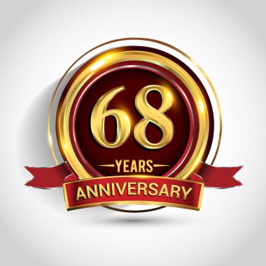 68 yıl yıldönümü kutlama logo. Altın yüzük ve şerit üzerinde koyu kırmızı arka plan, vektör tasarımı tebrik veya davetiye kartı ile logo.