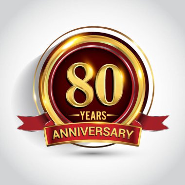 80 yıl yıldönümü kutlama logo. Altın yüzük ve şerit üzerinde koyu kırmızı arka plan, vektör tasarımı tebrik veya davetiye kartı ile logo.