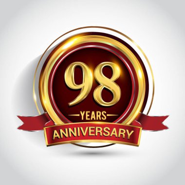 98 yıl yıldönümü kutlama logo. Altın yüzük ve şerit üzerinde koyu kırmızı arka plan, vektör tasarımı tebrik veya davetiye kartı ile logo.