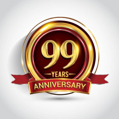 99 yıl yıldönümü kutlama logo. Altın yüzük ve şerit üzerinde koyu kırmızı arka plan, vektör tasarımı tebrik veya davetiye kartı ile logo.