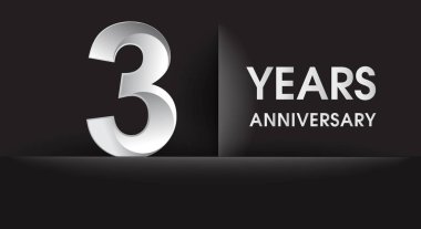 3 yıl yıldönümü kutlama logo. Siyah arka plan, vektör tasarımı tebrik veya davetiye kartı üzerine gümüş logosu.