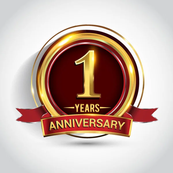 Logotipo Celebração Aniversário Ano Logotipo Com Anel Dourado Fita Fundo — Vetor de Stock