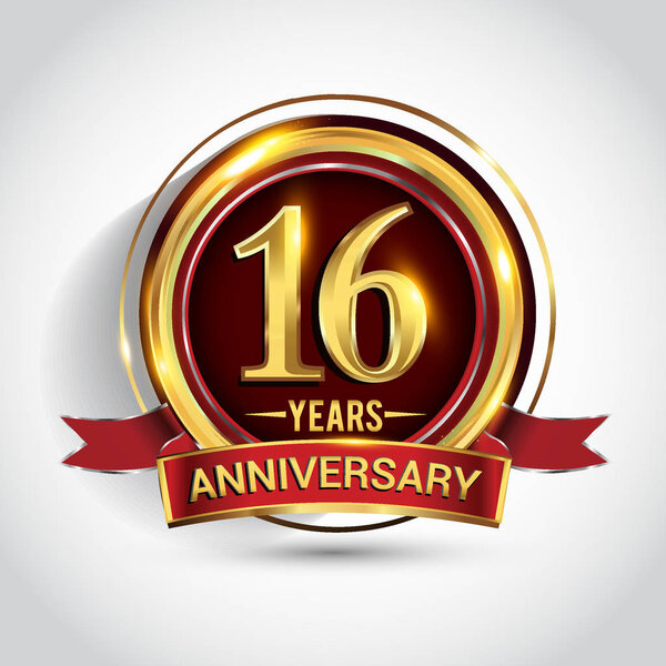 16 years anniversary celebration logotype. Logo with  golden ring and ribbon on dark red background, vector design for greeting or invitation card.