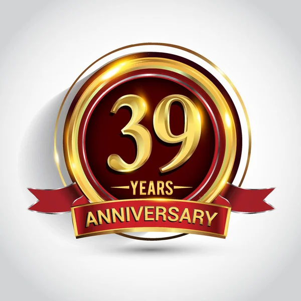 Yıl Yıldönümü Kutlama Logo Altın Yüzük Şerit Üzerinde Koyu Kırmızı — Stok Vektör