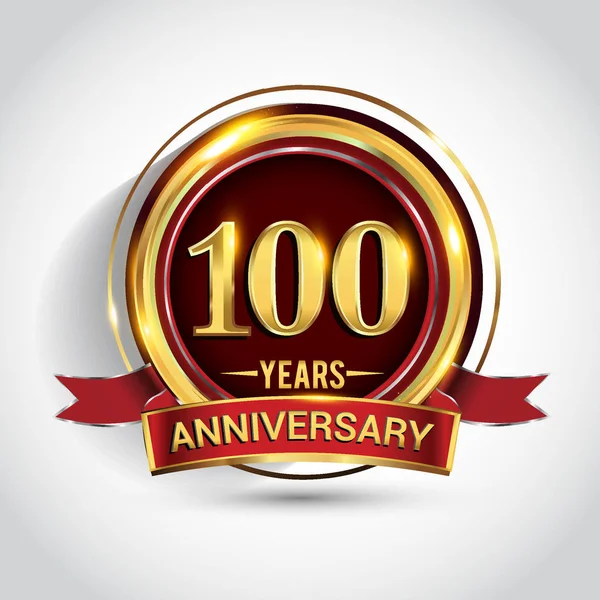 Λογότυπο Εορτασμού Επετείου 100 Χρόνια Λογότυπο Χρυσό Δαχτυλίδι Και Κορδέλα — Διανυσματικό Αρχείο