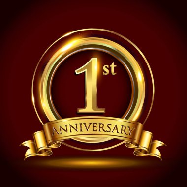 1 yıl yıldönümü kutlama logo. Altın yüzük ve şerit üzerinde koyu kırmızı arka plan, vektör tasarımı tebrik veya davetiye kartı ile logo.
