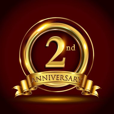 2 yıl yıldönümü kutlama logo. Altın yüzük ve şerit üzerinde koyu kırmızı arka plan, vektör tasarımı tebrik veya davetiye kartı ile logo.