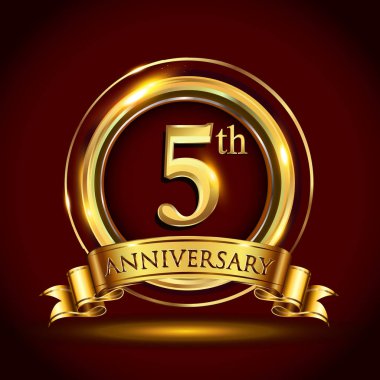 5 yıl yıldönümü kutlama logo. Altın yüzük ve şerit üzerinde koyu kırmızı arka plan, vektör tasarımı tebrik veya davetiye kartı ile logo.