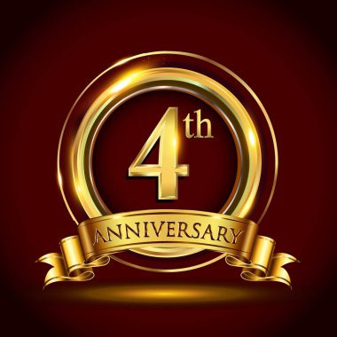 4 yıl yıldönümü kutlama logo. Altın yüzük ve şerit üzerinde koyu kırmızı arka plan, vektör tasarımı tebrik veya davetiye kartı ile logo.