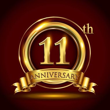 11 yıl yıldönümü kutlama logo. Altın yüzük ve şerit üzerinde koyu kırmızı arka plan, vektör tasarımı tebrik veya davetiye kartı ile logo.