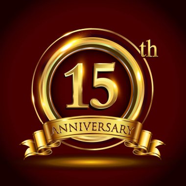 15 yıl yıldönümü kutlama logo. Altın yüzük ve şerit üzerinde koyu kırmızı arka plan, vektör tasarımı tebrik veya davetiye kartı ile logo.