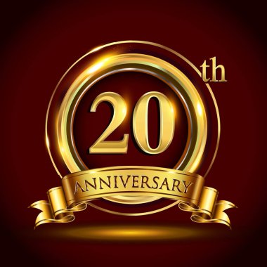 20 yıl yıldönümü kutlama logo. Altın yüzük ve şerit üzerinde koyu kırmızı arka plan, vektör tasarımı tebrik veya davetiye kartı ile logo.