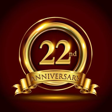 22 yıl yıldönümü kutlama logo. Altın yüzük ve şerit üzerinde koyu kırmızı arka plan, vektör tasarımı tebrik veya davetiye kartı ile logo.
