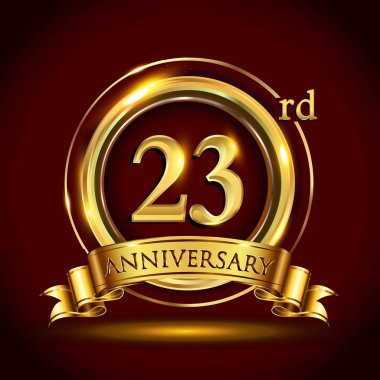 23 yıl yıldönümü kutlama logo. Altın yüzük ve şerit üzerinde koyu kırmızı arka plan, vektör tasarımı tebrik veya davetiye kartı ile logo.