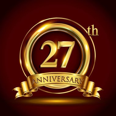 27 yıl yıldönümü kutlama logo. Altın yüzük ve şerit üzerinde koyu kırmızı arka plan, vektör tasarımı tebrik veya davetiye kartı ile logo.