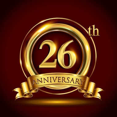 26 yıl yıldönümü kutlama logo. Altın yüzük ve şerit üzerinde koyu kırmızı arka plan, vektör tasarımı tebrik veya davetiye kartı ile logo.