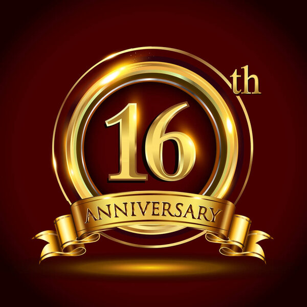 16 years anniversary celebration logotype. Logo with  golden ring and ribbon on dark red background, vector design for greeting or invitation card.