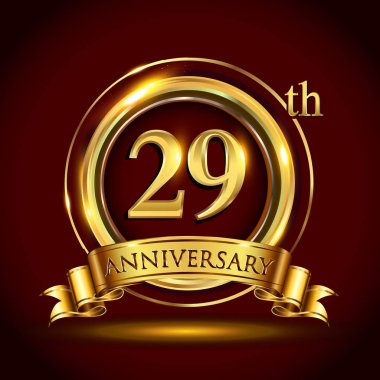 29 yıl yıldönümü kutlama logo. Altın yüzük ve şerit üzerinde koyu kırmızı arka plan, vektör tasarımı tebrik veya davetiye kartı ile logo.