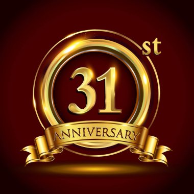 31 yıl yıldönümü kutlama logo. Altın yüzük ve şerit üzerinde koyu kırmızı arka plan, vektör tasarımı tebrik veya davetiye kartı ile logo.