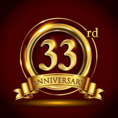 33 yıl yıldönümü kutlama logo. Altın yüzük ve şerit üzerinde koyu kırmızı arka plan, vektör tasarımı tebrik veya davetiye kartı ile logo.