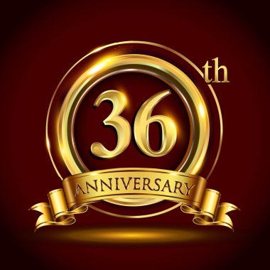 36 yıl yıldönümü kutlama logo. Altın yüzük ve şerit üzerinde koyu kırmızı arka plan, vektör tasarımı tebrik veya davetiye kartı ile logo.