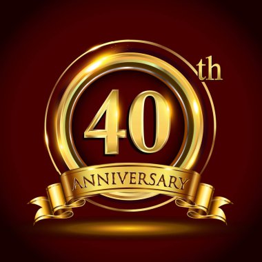 40 yıl yıldönümü kutlama logo. Altın yüzük ve şerit üzerinde koyu kırmızı arka plan, vektör tasarımı tebrik veya davetiye kartı ile logo.