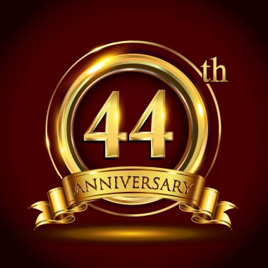 44 yıl yıldönümü kutlama logo. Altın yüzük ve şerit üzerinde koyu kırmızı arka plan, vektör tasarımı tebrik veya davetiye kartı ile logo.