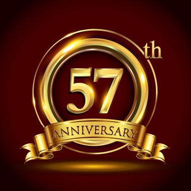 57 yıl yıldönümü kutlama logo. Altın yüzük ve şerit üzerinde koyu kırmızı arka plan, vektör tasarımı tebrik veya davetiye kartı ile logo.